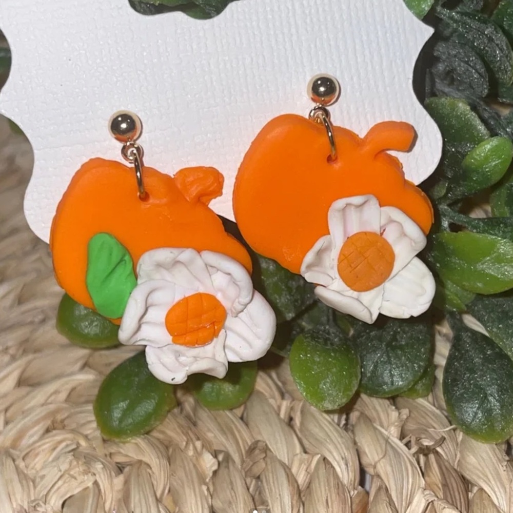 Green orange polymer clay Halloween earrings with pumpkins and flowers